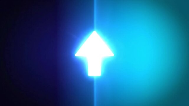 Bright glowing white arrow pointing upwards against a dark blue and vibrant cyan gradient background