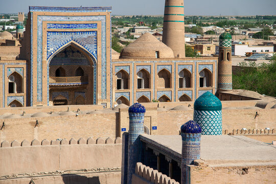 Ichan Kala, an inner city fortress in Khiva, Uzbekistan. Its walls enclose over 75 historical monuments, turning the city into an open-air museum.