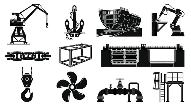 Silhouette vector icon set featuring shipyard steel construction equipment  dock crane  steel anchor  ship hull section  welding robot arm  industrial chain  cargo container frame  dry dock gate 