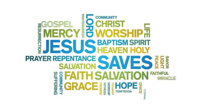 Jesus Saves animated word cloud-text design animation tag kinetic typography seamless loop.