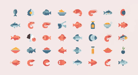 Obraz premium Colorful seafood icons on pink background