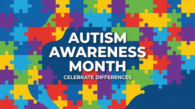Autism Awareness Month background with colorful puzzle pieces to celebrate differences