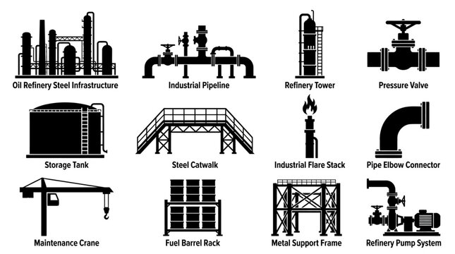 Silhouette vector icon set featuring oil refinery steel infrastructure  industrial pipeline  refinery tower  pressure valve  storage tank  steel catwalk  industrial flare stack  pipe elbow connector  