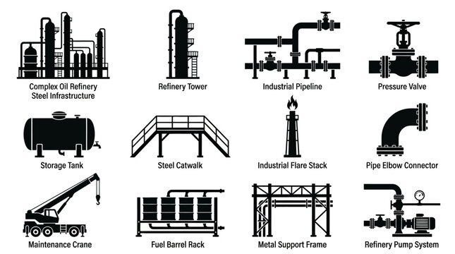 Silhouette vector icon set featuring oil refinery steel infrastructure  industrial pipeline  refinery tower  pressure valve  storage tank  steel catwalk  industrial flare stack  pipe elbow connector  