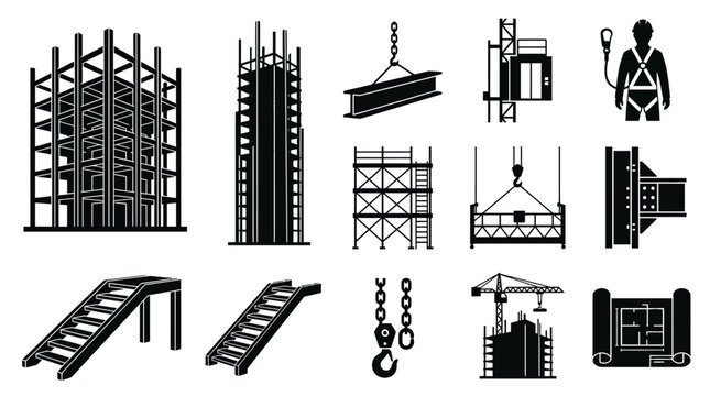 Silhouette vector icon set featuring skyscraper steel framework construction  unfinished tower frame  hanging steel beam  construction elevator  safety harness  tower scaffold  suspended platform  bea