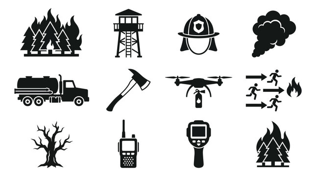 Silhouette vector icon set featuring wildfire disaster response  burning forest  firewatch tower  firefighter helmet  smoke cloud  water tanker  emergency axe  fire extinguisher drone  evacuation rout