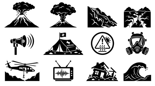Silhouette vector icon set featuring volcanic disaster elements  erupting volcano  lava flow  ash cloud  cracked earth  evacuation siren  emergency shelter  heat warning symbol  gas mask  rescue 