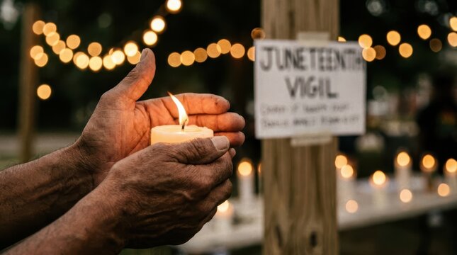 Close up of hands holding a lit candle at a Juneteenth vigil