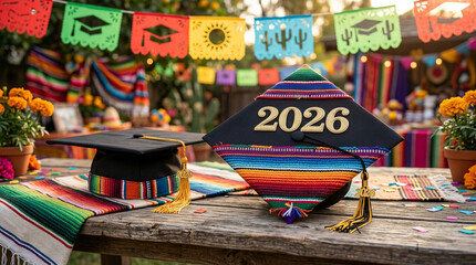 Fototapeta premium Two decorated graduation caps featuring vibrant traditional mexican patterns and the year twenty twenty six are displayed prominently on a rustic wooden table during a colorful outdoor festive commenc