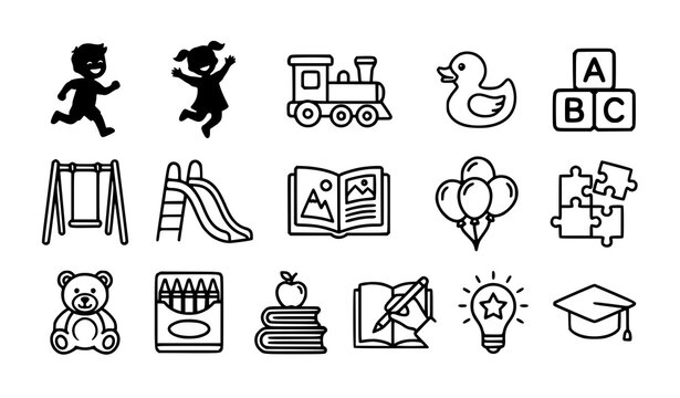 Children and playtime icon set for kindergarten and child development vector illustration