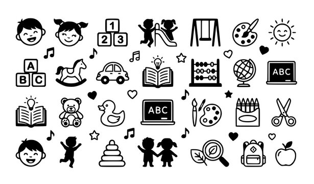 Cute children and playtime icon set for preschool learning and development vector