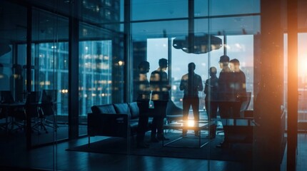 Fototapeta premium Business Team Meeting in Glass Office at Twilight