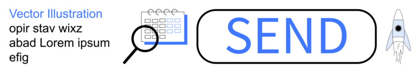 Workflow automation, task scheduling, email operation, productivity tools, user interface design, project planning. Magnifying glass with calendar, Send button and rocket icon. Task scheduling © robu_s