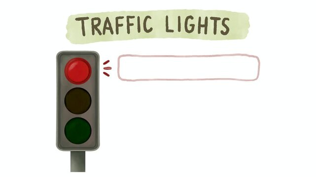 Traffic lights infographic with cute hand-drawn style, Educational animation explaining red light for stop, yellow for get ready to stop, and green for go. Ideal for kids learning