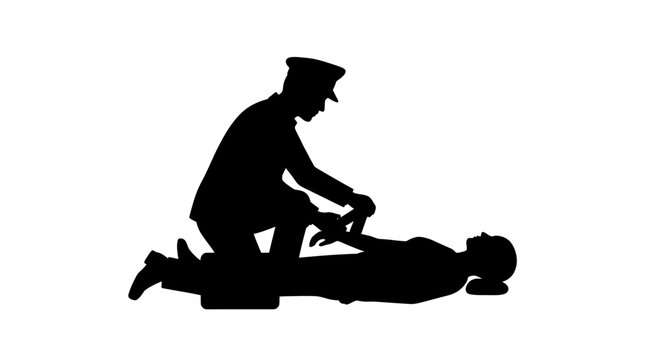 Silhouette illustration of a uniformed professional providing urgent first aid to an individual in distress, symbolizing immediate rescue and critical medical assistance during an emergency