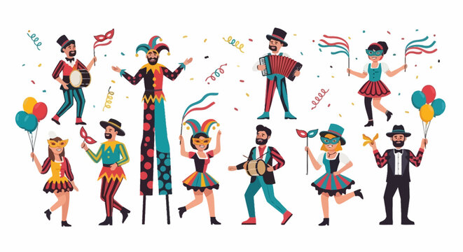 Carnival Celebration Characters with Costumes and Masks