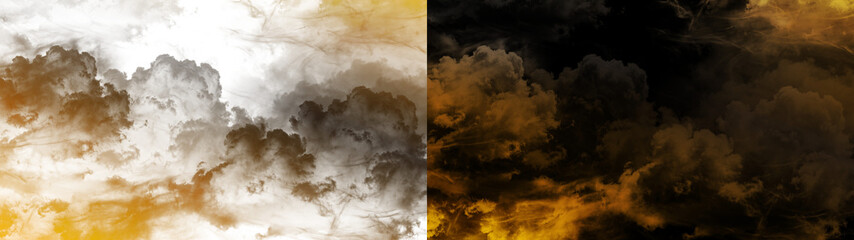 Fototapeta premium Transparent background featuring realistic golden clouds and thick amber smoke textures. This cinematic atmospheric element is perfect for dramatic sky overlays and creative digital art. 