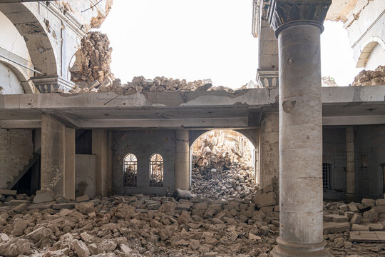 The completely destroyed interior of the Al Tahera Church in Mosul, Iraq