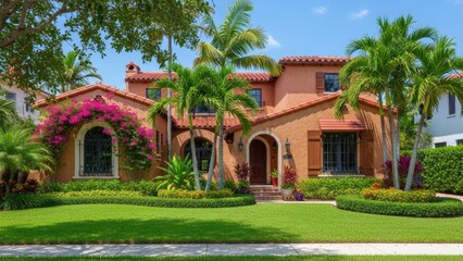 Fototapeta premium Mediterranean style luxury villa with red bougainvillea and palm trees