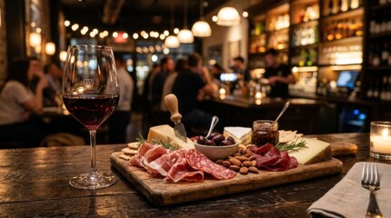 Fototapeta premium Wine and Charcuterie Board in Cozy Restaurant