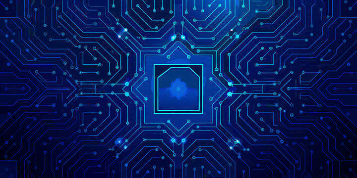 Abstract circuit board pattern with glowing blue microchip in the center digital technology background