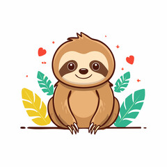 Fototapeta premium Cute Cartoon Sloth with Leaves and Hearts