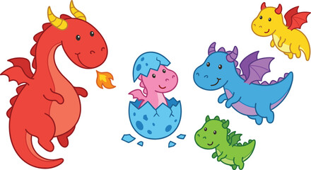 Fototapeta premium Cute Baby Dragon Cartoon Character Vector Set Featuring Fire Breathing Red Dragon, Hatching Pink Dino Egg, Flying Blue and Yellow Creatures, and Green Monster