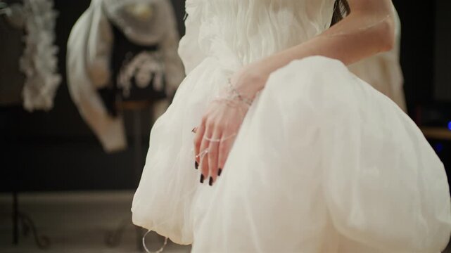 Close up of a woman's hand resting on a white couture dress with soft layered fabric, wearing delicate silver jewelry wrapped around the fingers and wrist