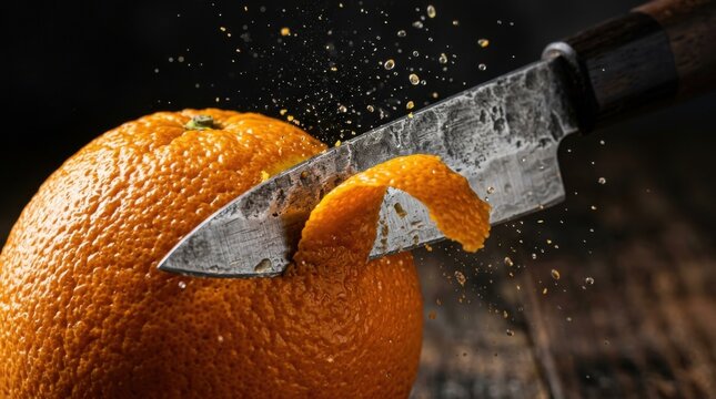 Sharp knife cutting orange peel close up