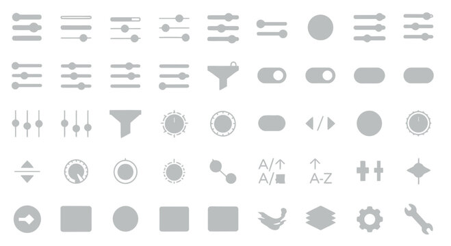 Grey interface control icons with sliders switches and settings elements.