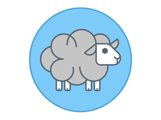 Obraz premium Minimalist grey sheep vector icon illustration in blue circle frame. Flat cartoon lamb character for farming, sleep, or animal logo design isolated on white background.