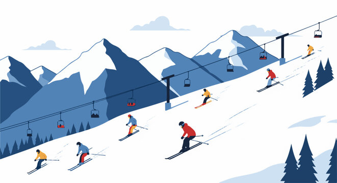 Mountainous ski slope with chairlifts and skiers descending