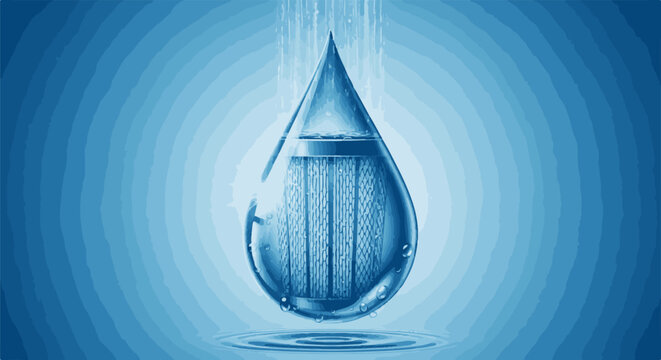Water purification concept, with a filtered drop falling into rippling water