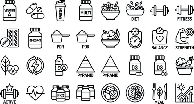 Minimalist health and nutrition line icon set with vitamin supplements and protein powder symbols vector