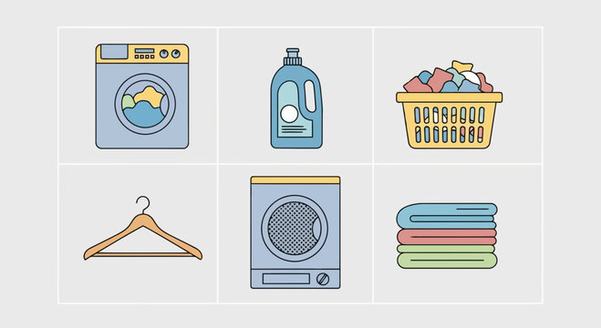 Set of laundry icons featuring washing machine, detergent, clothes basket, hanger, dryer, and folded clothes.
