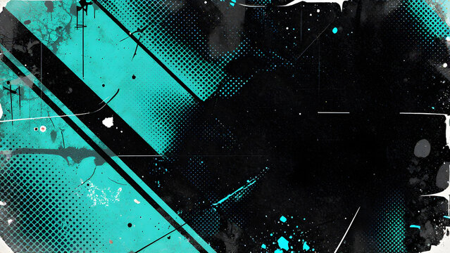 Vibrant neon cyan and black abstract grunge background featuring a halftone dot pattern with glitch-distressed grain for an urban energy gaming or esports backdrop.