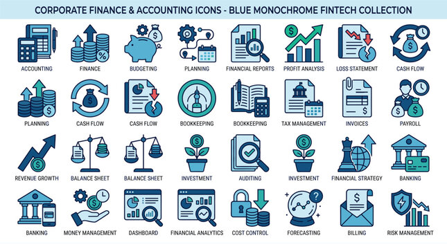 Blue monochrome fintech icons for corporate finance and accounting concepts with a clean design
