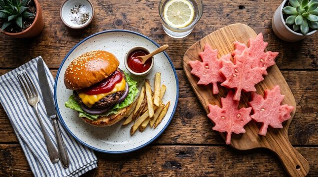 Delicious burger with fries on a plate next to maple leaf shaped raw meat on a wooden board