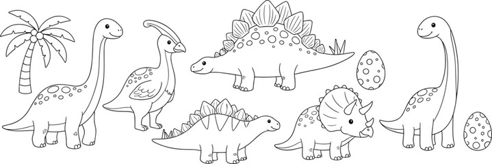 Cute Dinosaur Coloring Page Vector Set Featuring Triceratops Stegosaurus Brachiosaurus and Prehistoric Elements for Kids Activities © Shukimon