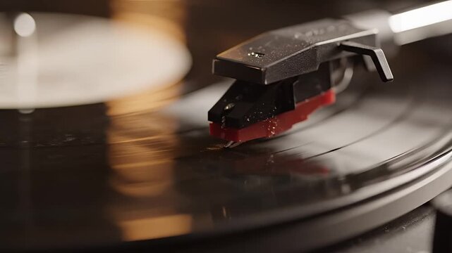 Closeup of a vintage record player needle on a spinning vinyl disc 3.