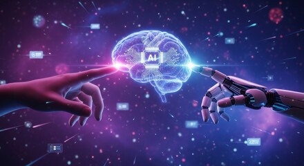 Naklejka premium AI Artificial Intelligence Microchip Cyber Brain Human Robot Hand Touch Nebula Space Background