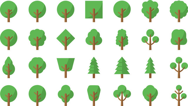 Flat green tree icons mega set with various geometric shapes forest plants and nature environment vector symbols