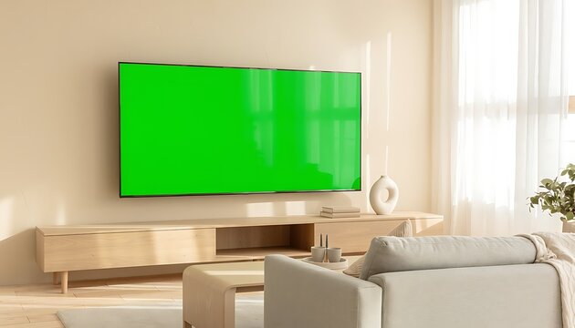Living room with modern furniture and green screen TV on wooden entertainment center near window