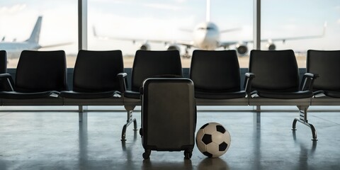 Airport Seating Area with Luggage and Soccer Ball Representing Football Travel and International Sports Concept