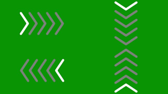 chevron arrows moving in both right and left directions on green screen. 2D animated cartoon bidirectional motion graphics  for comparison navigation and dynamic transitions. Chromakey seamless loop.