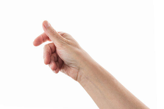 Empty mid aged woman hand to hold something with fingers isolated on white
