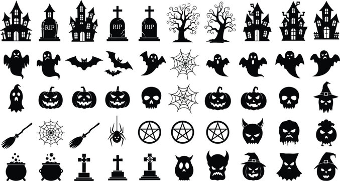 Halloween Black Silhouette Icon Set with Haunted Houses, Spooky Ghosts, Jack O Lantern Pumpkins, and Witch Craft Elements for Festive Graphic Designs