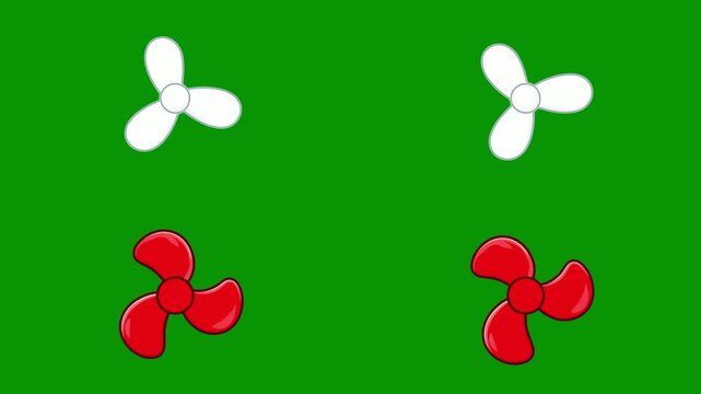 Multiple red fans spinning rapidly on green screen background. Bold 2D animated cartoon multi propeller scene for powerful cooling and dynamic motion graphics projects. Chromakey ready seamless loop.