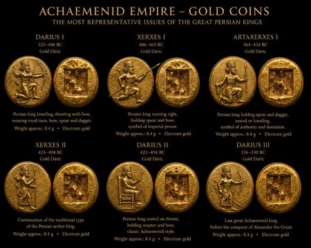 Detailed collection of Achaemenid gold coins featuring Persian kings archers and royal imperial symbols.