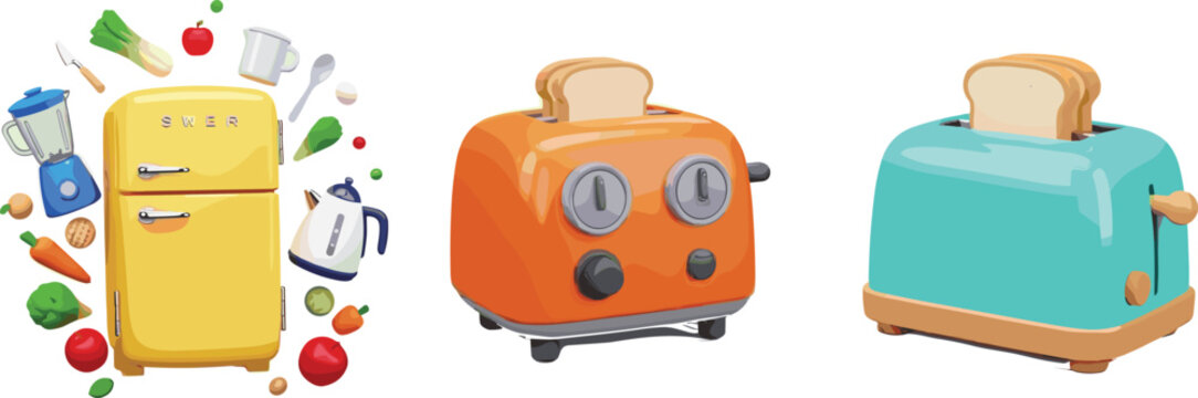 Retro kitchen appliances vector set with cute yellow refrigerator colorful vintage toasters blender and healthy cooking ingredients